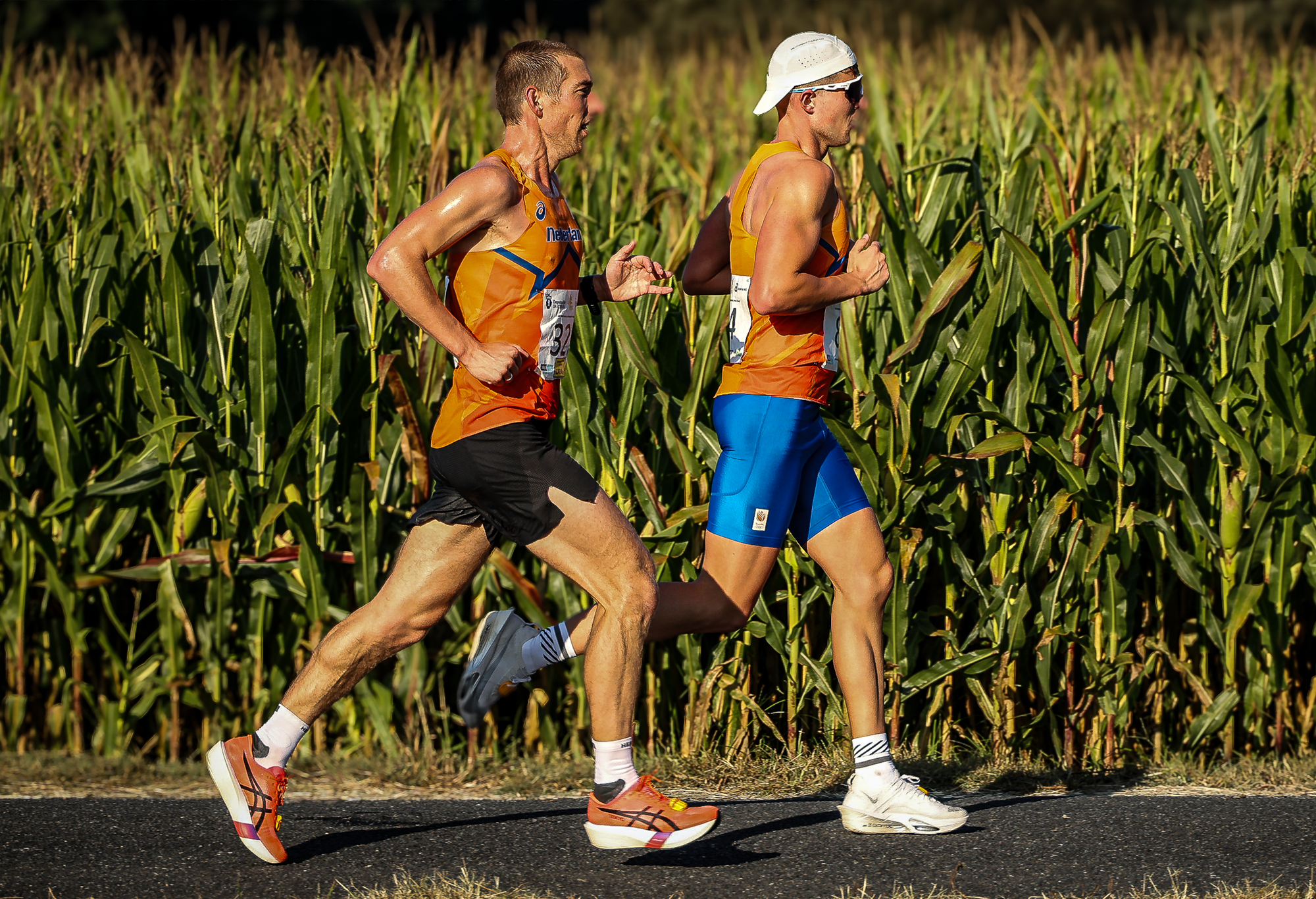 Runners in Netherlands kit beside fields at the 100 km World Championships