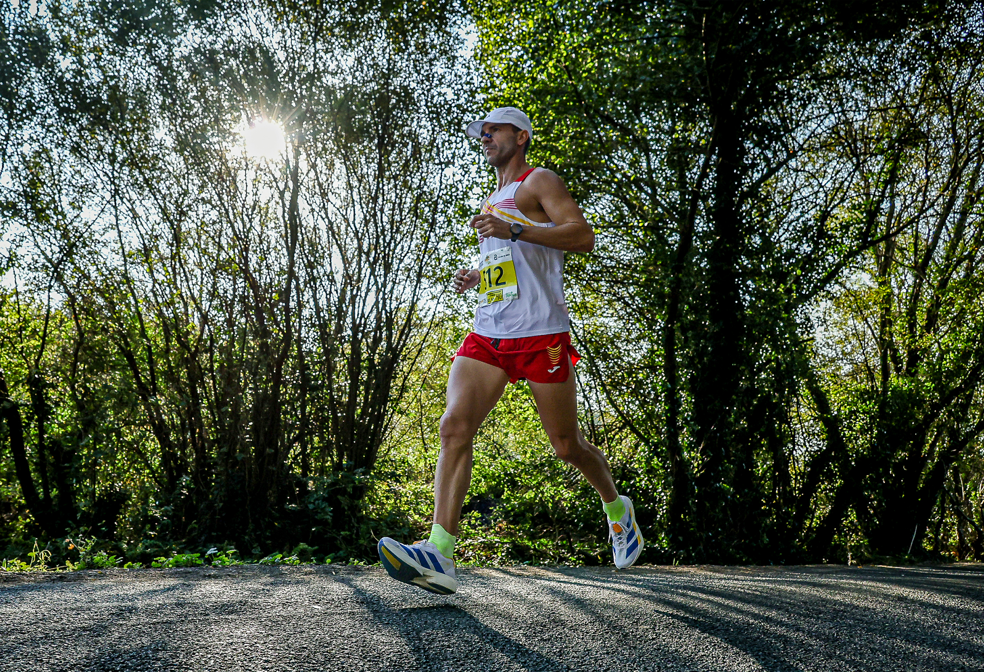 Runner on a tree-lined road at the 100 km World Championships in Ames