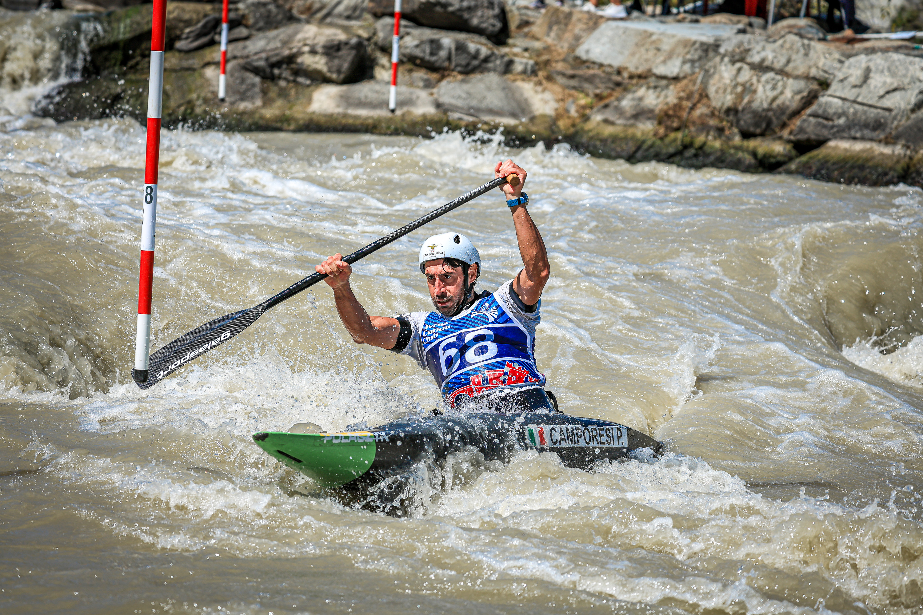 A canoe slalom athlete at the 2026 Italian Championships in Ivrea