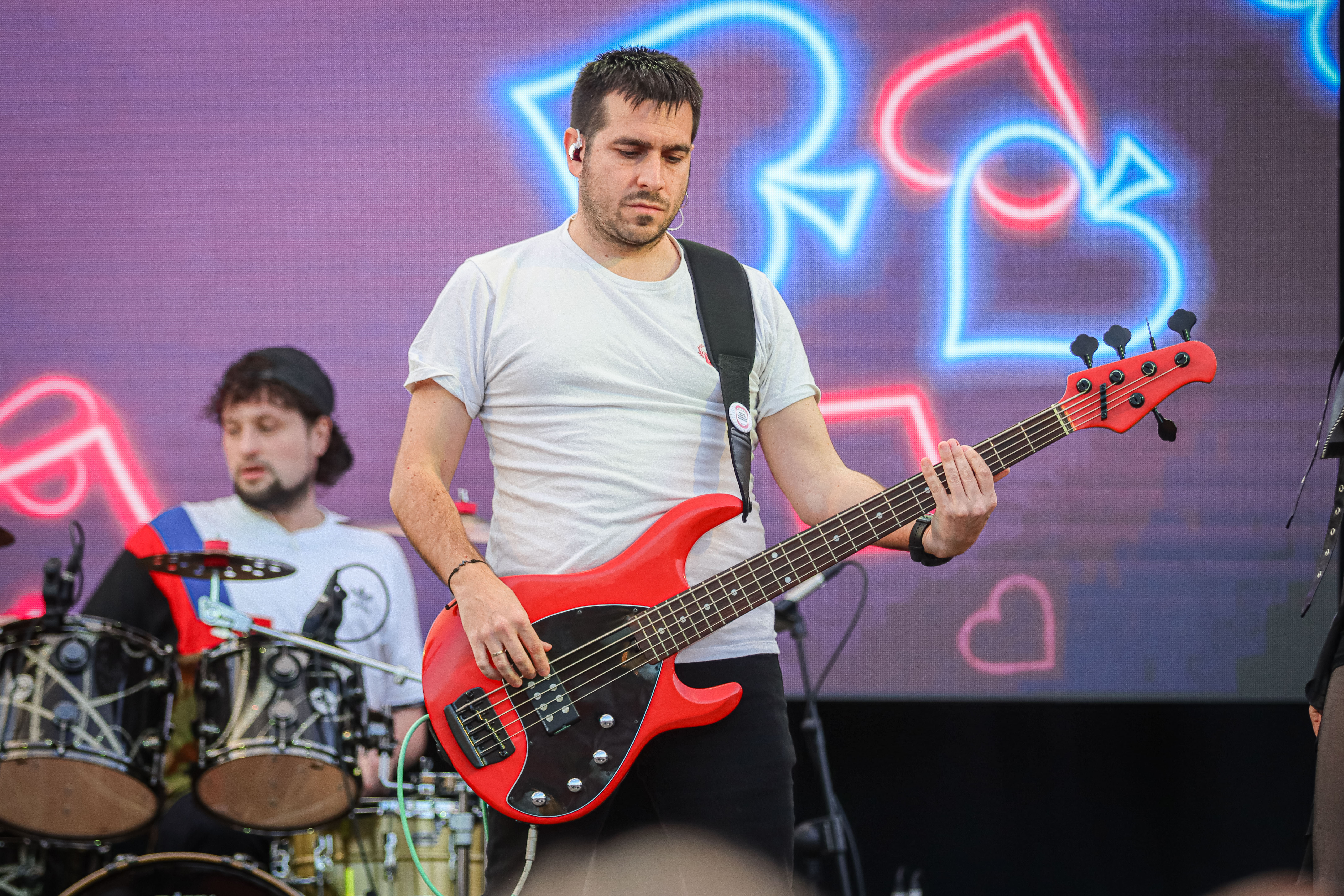 A bassist performs on stage at one of the Madrid Spring Festival's free concerts